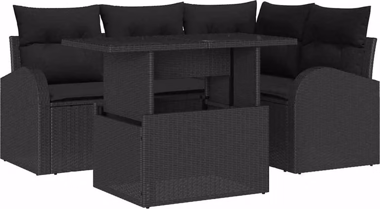 Set Divano da Giardino con cuscino 5 pcs Nero Poly Rattan