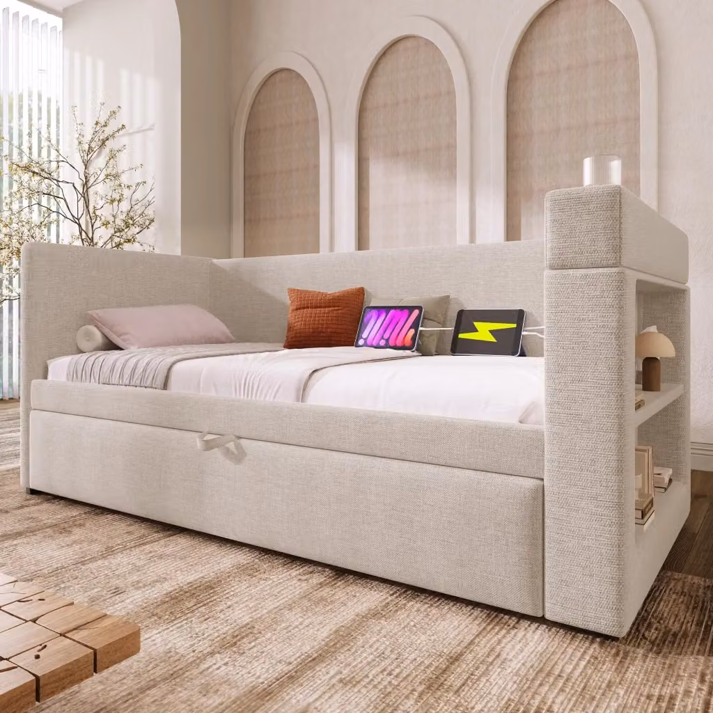 Letto singolo estraibile beige con porte USB e Type C, ripiani e portabicchieri, L/P: 90 x 190 cm – 2