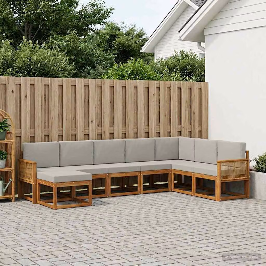 Set di divani da esterno vidaXL 8 pz in legno di acacia con cuscini, composizione a L, colori beige, grigio e marrone
