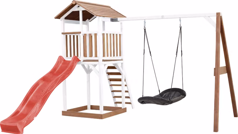 AXI Beach Tower parco giochi in legno in marrone e bianco | Torre di gioco con sabbiera, altalena a nido e scivolo rosso | Casa per bambini su palafitte per il giardino