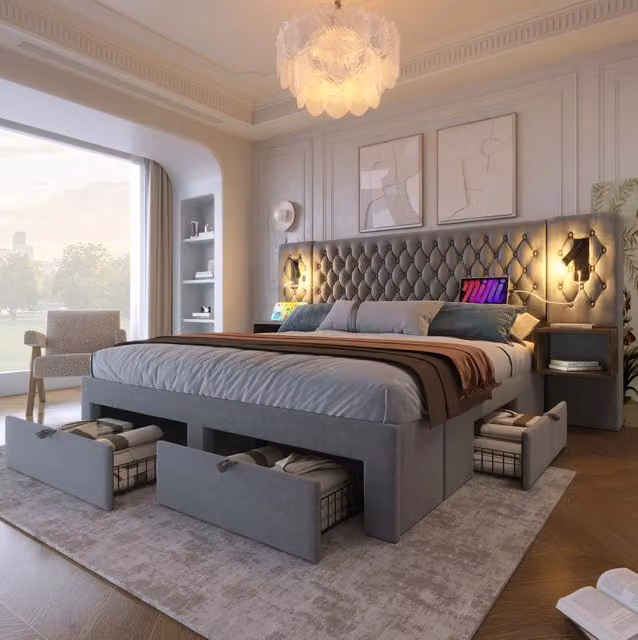 Letto matrimoniale ULEVR 160x200 cm con 2 comodini, 4 cassetti, lampade da lettura USB e Type-C, velluto grigio