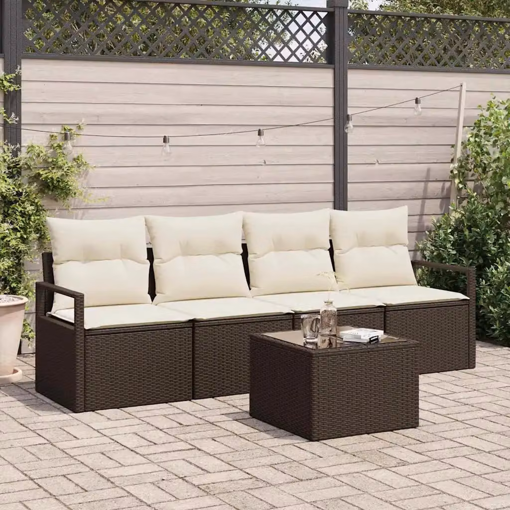 Set di divani da giardino vidaXL in rattan con cuscini, 5 pezzi, Marrone e Beige – 1