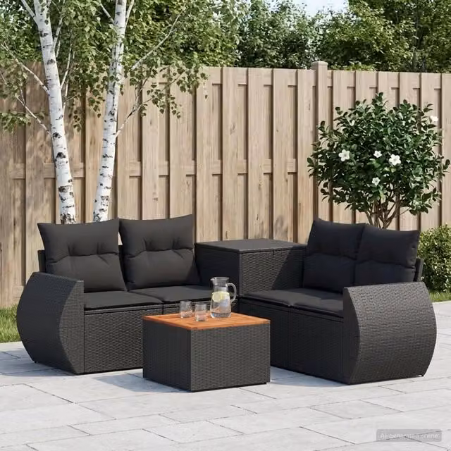 Set di divani da giardino vidaXL in polyrattan e metallo nero con cuscini inclusi e tavolino da esterno