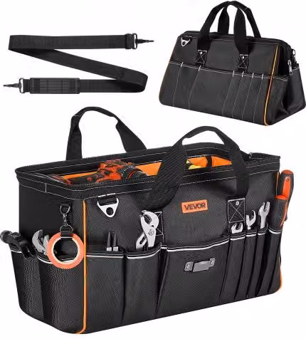 Borsa Portautensili VEVOR in Poliestere Nero con 33 Tasche, Organizer Portatile con Base Rigida e Tracolla Regolabile, Larghezza: 51 cm