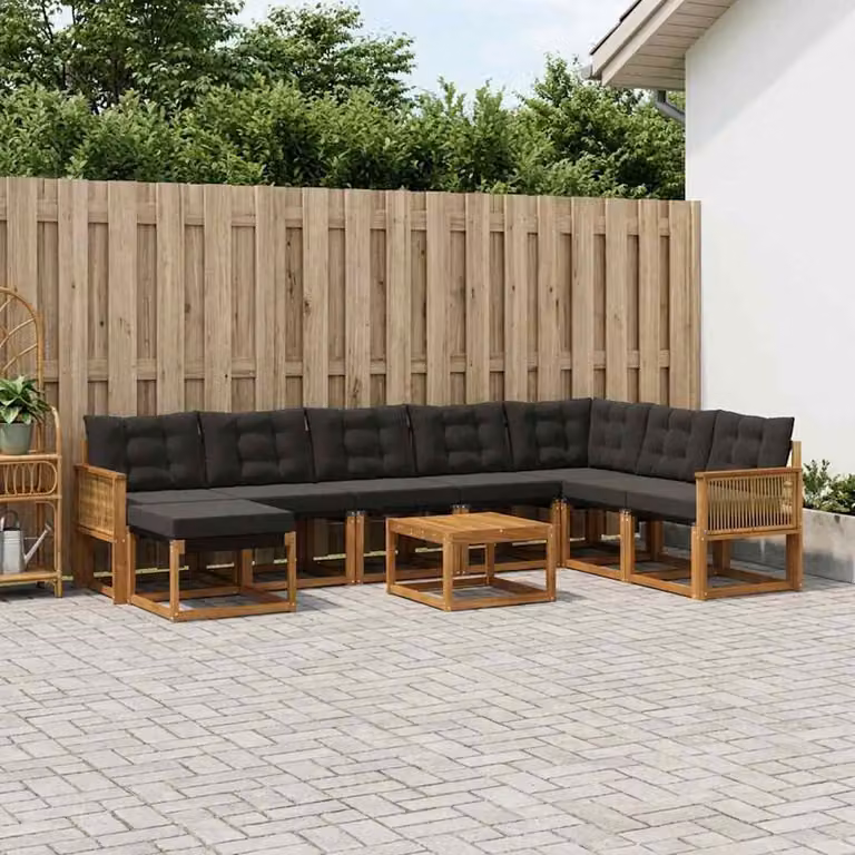 Set di divani da esterno vidaXL 9 pz in legno di acacia con cuscini, colore marrone e nero