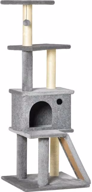 Albero Tiragraffi Multilivello PawHut con Casetta, Scala e Pali in Sisal, Grigio, L/P/H: 48 x 48 x 125 cm – 1