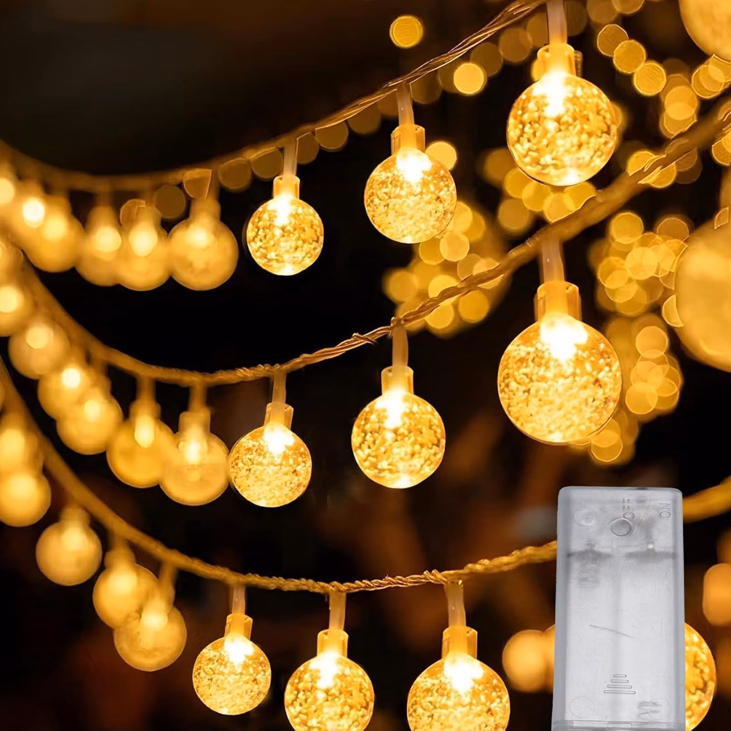 Catena luminosa con 20 lampadine a LED, cristalli a forma di sfera, lunghezza 2 metri, luce bianco caldo, alimentazione a batteria