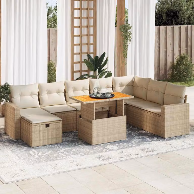 Set Divano da Giardino vidaXL 9 pz in Polyrattan con Cuscini Beige e Tavolino da Esterno