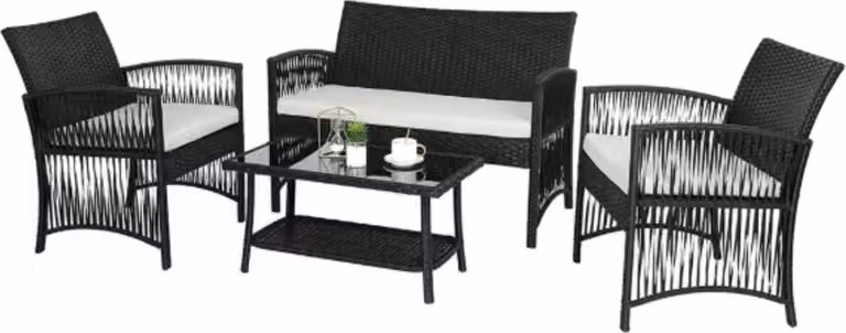 Rotan lounge set 4 pezzi - Mobili da giardino per balcone e terrazza - Set di divani in rattan con cuscini e tavolo in vetro - Nero - PE rattan e acciaio