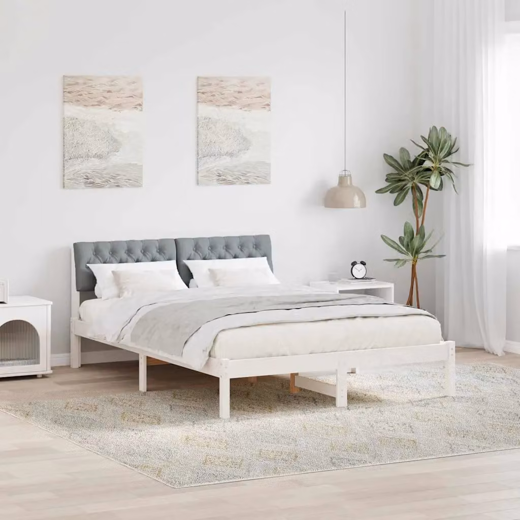 Struttura del letto moderna vidaXL in legno di pino e tessuto, Bianco e grigio, 140 x 190 cm – 1
