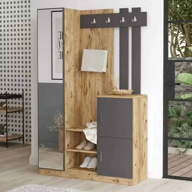 Mobile da ingresso Arco, Entratina appendiabiti, Composizione per atrio, Consolle portaoggetti multifunzione, 114x38h180 cm, Quercia e Antracite