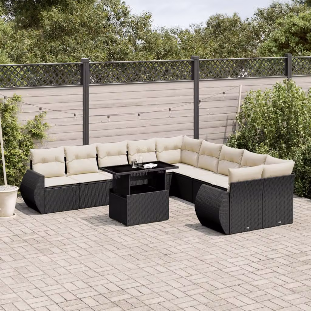 Set di divani da giardino vidaXL 11 pz a forma di L con cuscini e tavolino, colore nero e bianco – 1