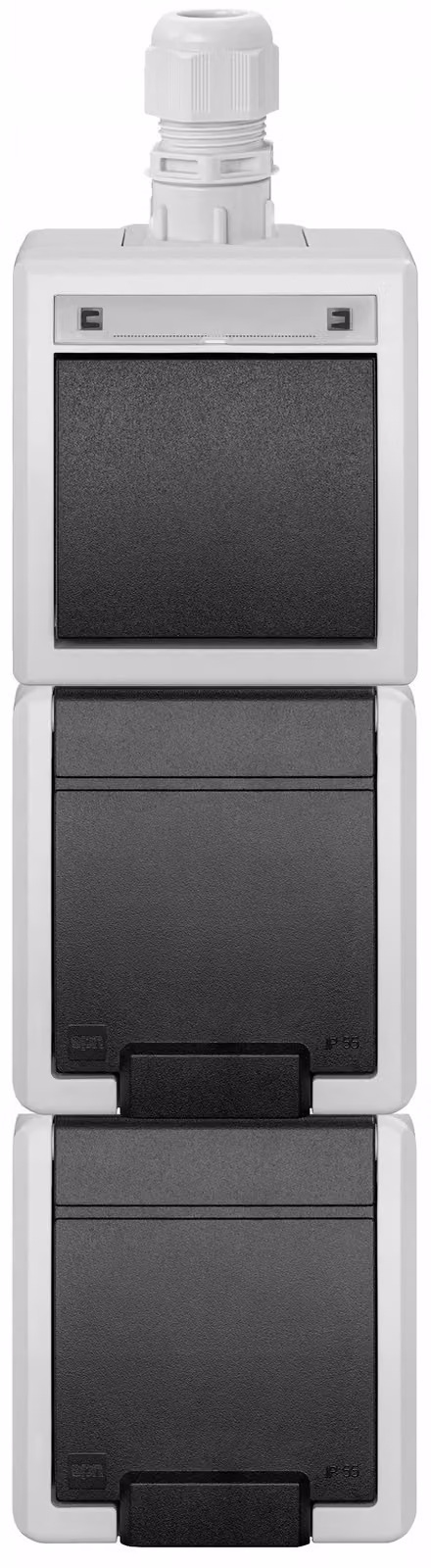Set AQUANT 2K composto da interruttore unipolare (a due vie) da incasso verticale e presa multipla con messa a terra, 2x2P+T, grado di protezione IP65, colore grigio, modello 5062
