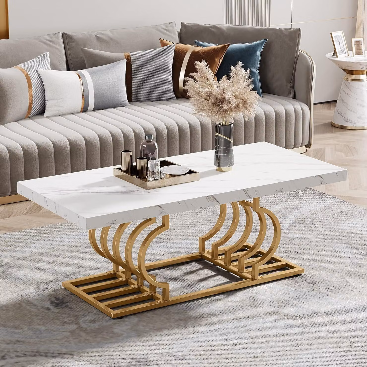 Tavolino da salotto moderno, rettangolare, con finitura effetto marmo e struttura geometrica