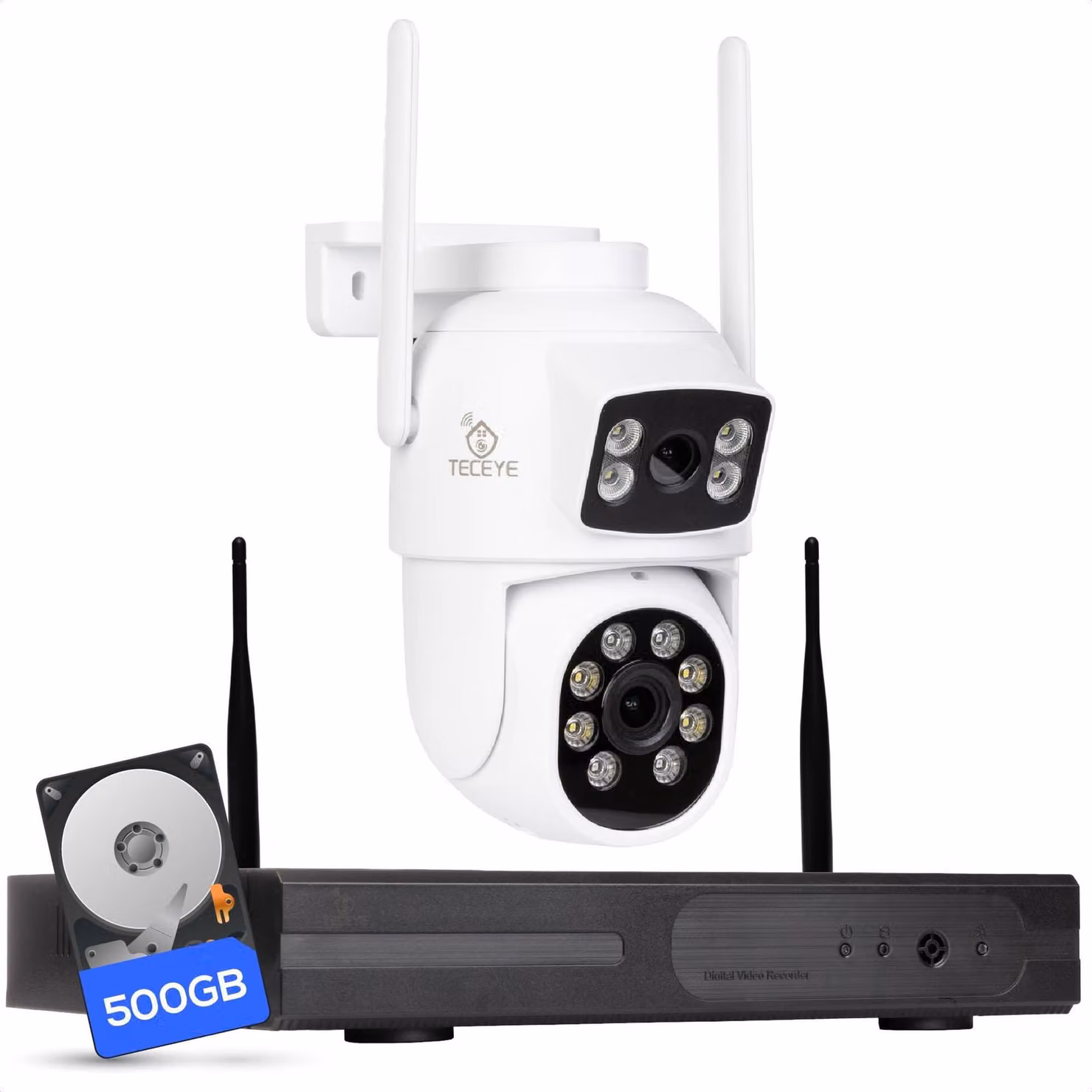 Telecamera di sicurezza da esterno - 3MP, doppia lente, wireless, WiFi - 500 GB di HDD - Bianco - Visione notturna - Rilevamento del movimento - Sistema wireless