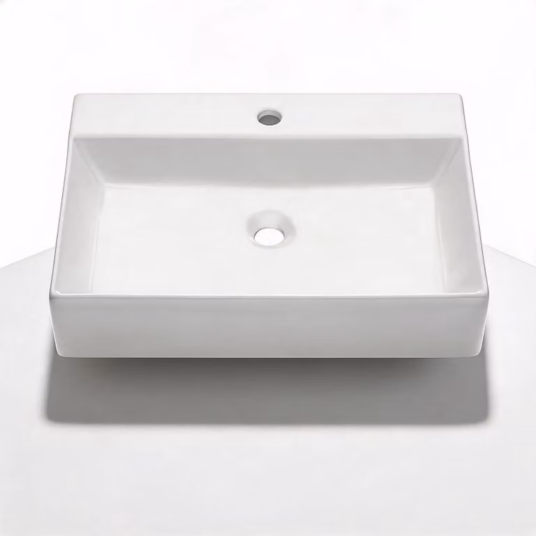 Lavabo in Vetroceramica rettangolare - Modello FH1197 - Lavabo da appoggio - 610 x 450 x 130 mm - Bianco - Con foro di troppo pieno