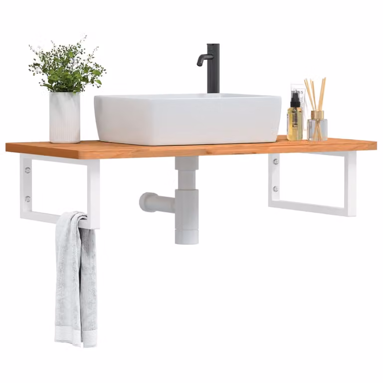vidaXL Ripiano a Parete per Lavabo in Acciaio e Faggio Massello, Bianco e Marrone
