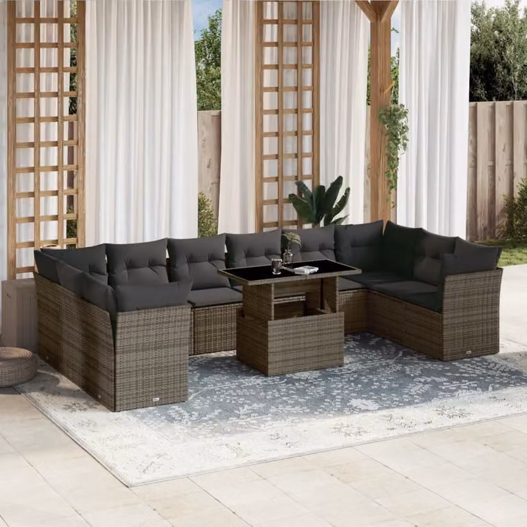 Set di divani da giardino vidaXL 11 pz in polyrattan grigio con cuscini e tavolino