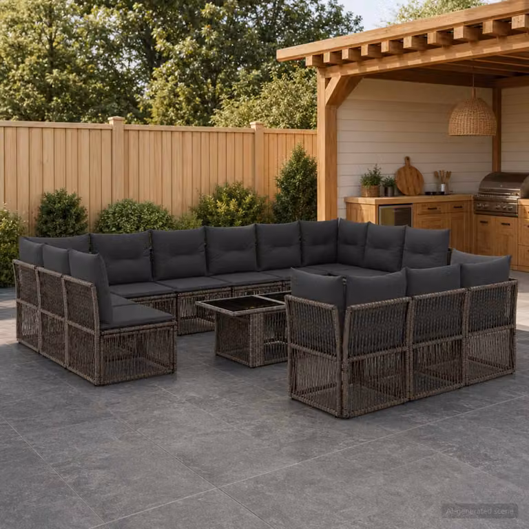 Set Divano da Giardino vidaXL 14 pz Grigio in Polyrattan con Cuscini e Tavolino da Esterno