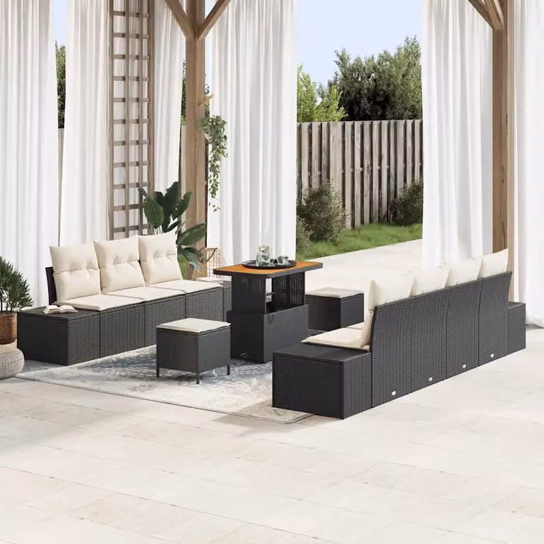 Set Divano da Giardino Moderno vidaXL in Polyrattan Nero con Cuscini e Tavolino da 10 Pezzi