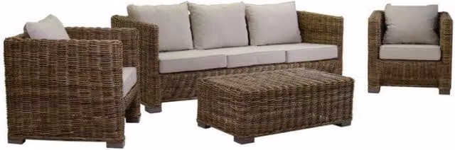 Set da giardino e soggiorno Vacchetti in rattan grigio con divano a 3 posti, poltrona e tavolino da caffè con cuscini inclusi – 1