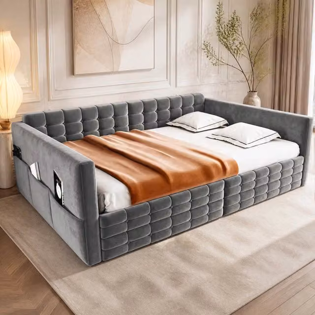 Letto imbottito matrimoniale 140x190 cm con contenitore; velluto grigio