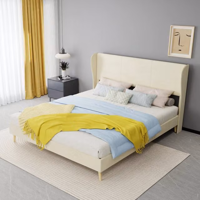 Letto imbottito moderno minimalista 160 x 200 cm con testiera morbida, base bassa senza contenitore e senza pistone a gas, senza materasso - Beige
