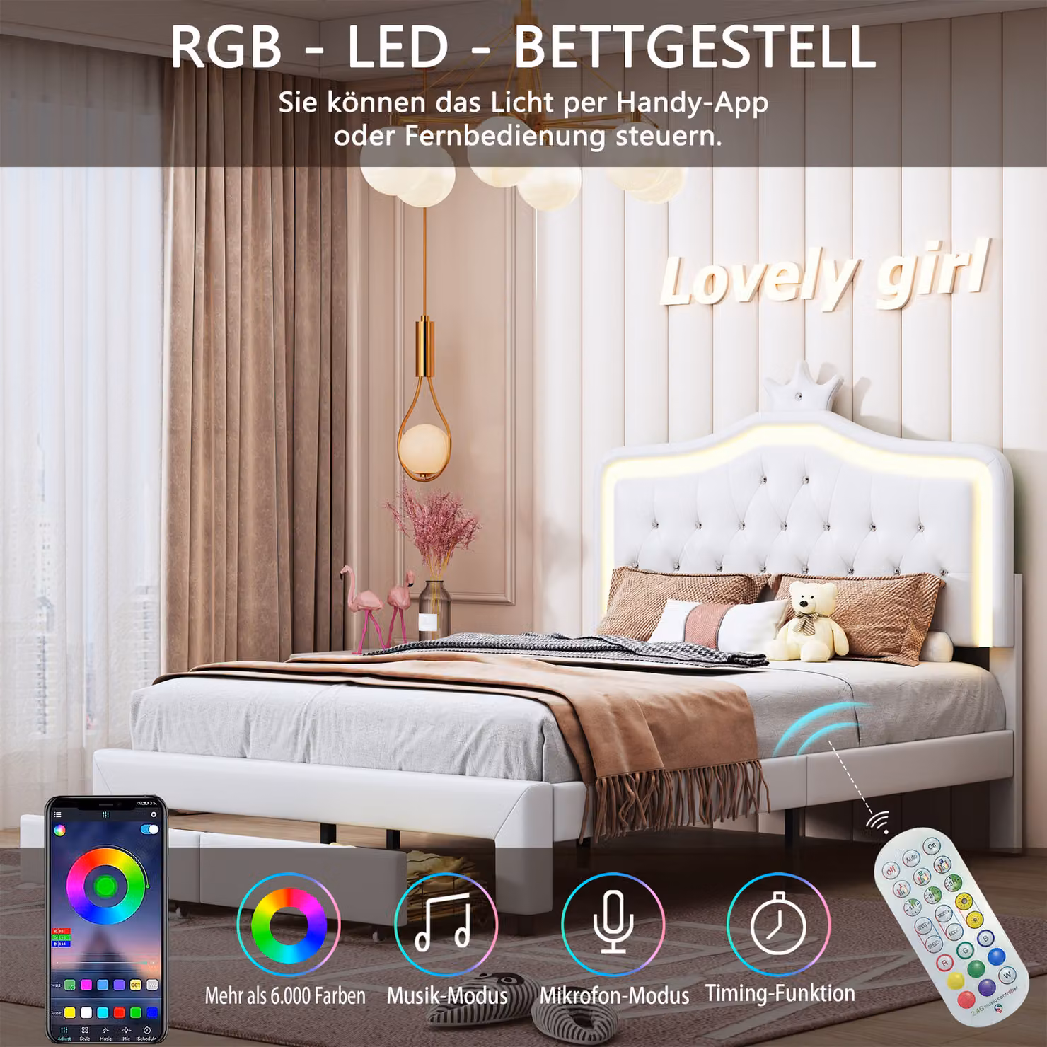 ProximaX Letto imbottito 140x200 cm per bambini - letto matrimoniale a , con rete a doghe, LED e cassetto - bianco