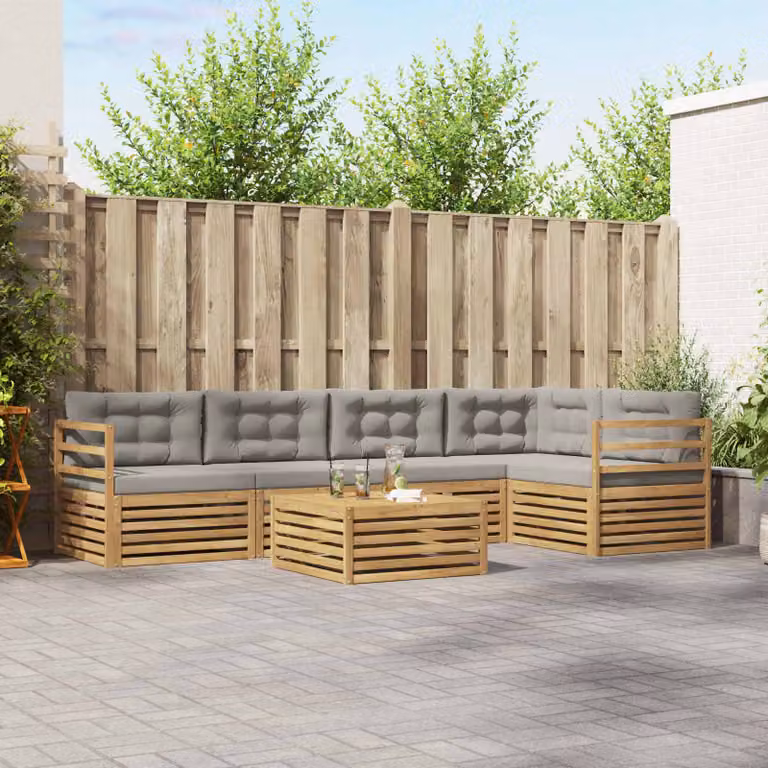 Set di divani da esterno vidaXL a forma di L composto da 6 pezzi con tavolino da caffè, in legno di acacia e tessuto resistente ai raggi UV, colori bianco, grigio e marrone