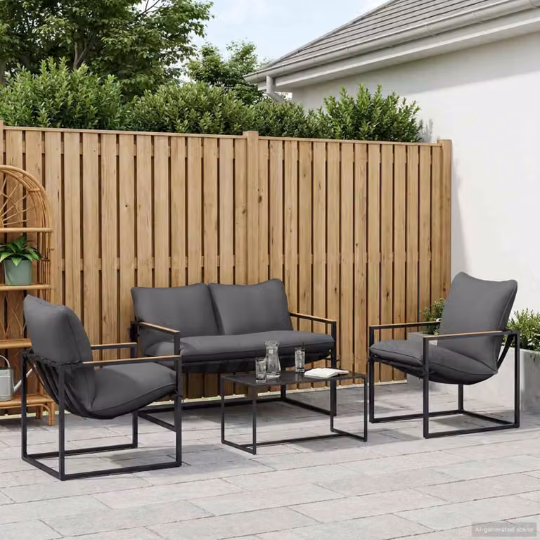 vidaXL Set Divano da Giardino Moderno 4 Pezzi con Tavolino, Acciaio Verniciato a Polvere, Nero e Antracite