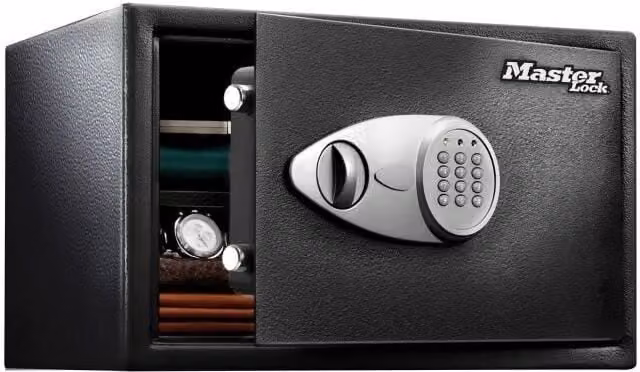 Cassaforte elettronica Master Lock X125ML, grande, combinazione numerica programmabile, 2 chiavi di emergenza, kit di ancoraggio, nero e grigio