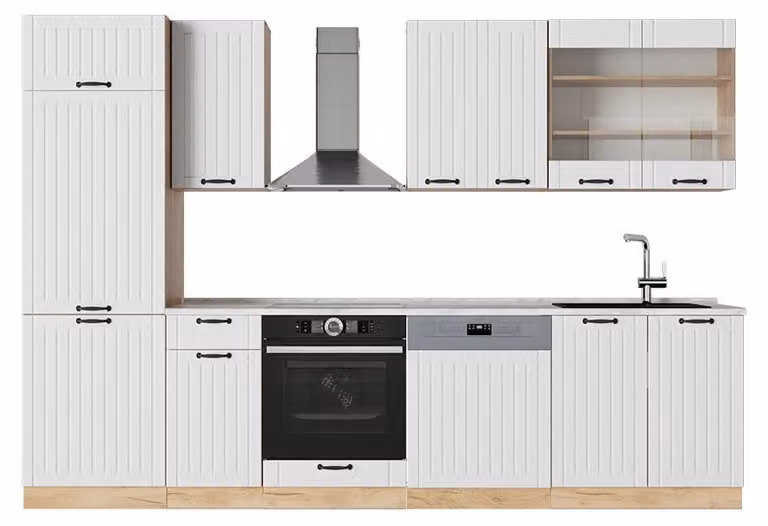 Cucina componibile Vicco Fame-Line Bianco rustico 300 cm , PL Marmo, Model 56898