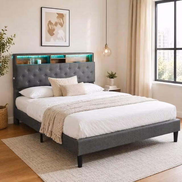 Letto matrimoniale imbottito con testiera contenitore, illuminazione LED e rete in legno 140x200 cm grigio con materasso a molle