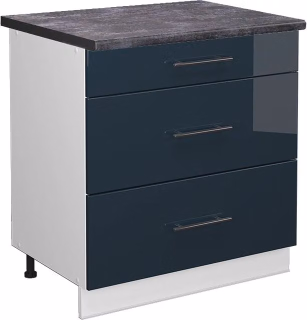 Mobiletto base per cucina Fame-Line Blu scuro lucido/Bianco 80 cm con 3 cassetti, PL Antracite Vicco
