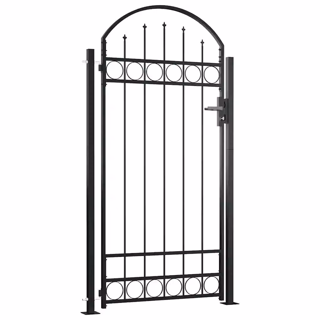 Cancello per recinzione a battente singolo vidaXL in acciaio nero con parte superiore ad arco e 2 pali L: 105 cm, H: 170 cm – 2