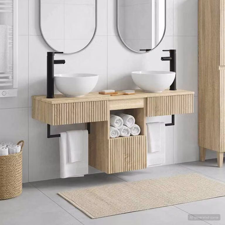 Set di mobili per il bagno moderno vidaXL composto da 3 pezzi in legno color rovere, con unità vanity e mobile laterale sospesi, finitura opaca beige e marrone