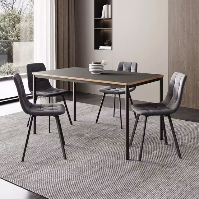 Set da Pranzo Lindesberg en.casa con Tavolo Rettangolare e 4 Sedie Imbottite - Grigio e Nero