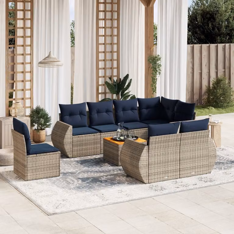 Set di divani da giardino vidaXL in polyrattan grigio con cuscini e tavolino da esterno a forma di L