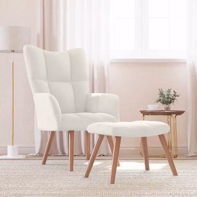Poltrona Relax con Poggiapiedi in Velluto Bianco Crema con Design Moderno