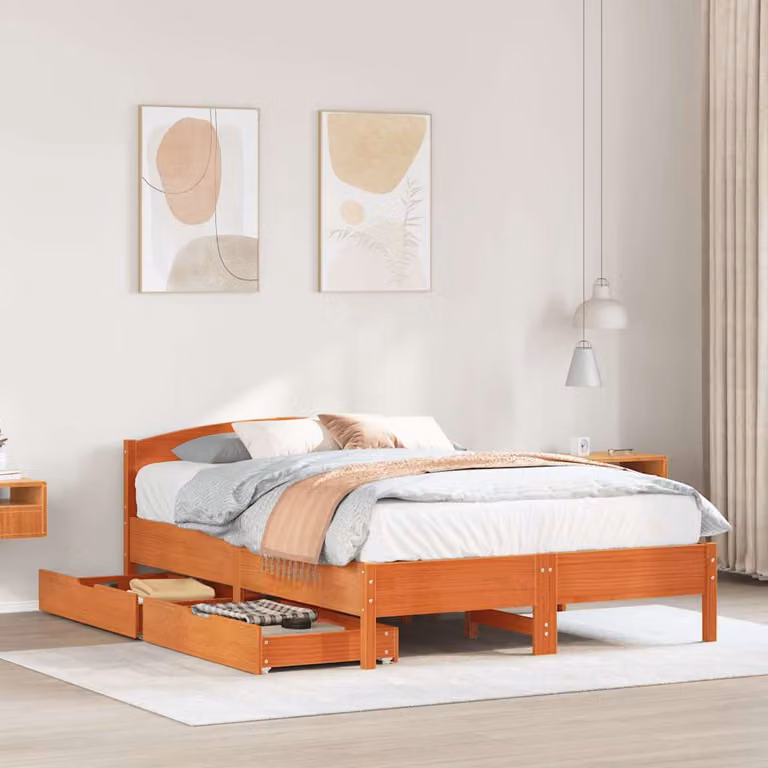 Letto in legno di pino rustico vidaXL con cassetti, colore marrone cera, L/P/H: 205.5 x 150 x 74.5 cm