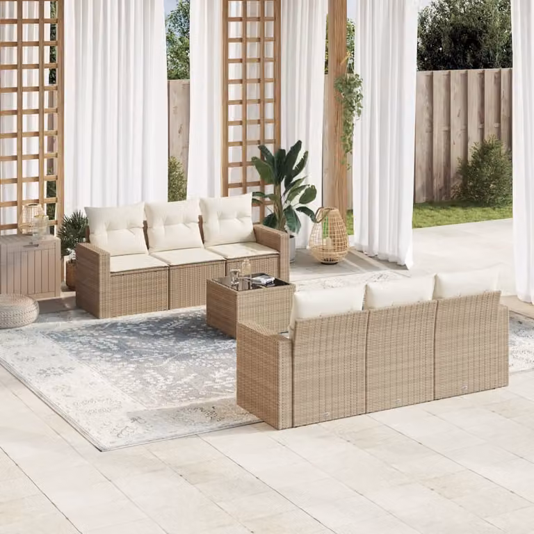 vidaXL Set Divani da Giardino 7 pz a Forma a L con Cuscini Beige e Tavolino, Struttura in Metallo e Polyrattan per Terrazza e Giardino