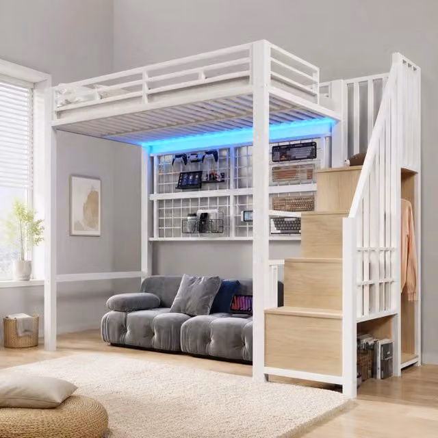 Letto a soppalco 90x200 cm bianco metallo e MDF; scala con armadio e LED