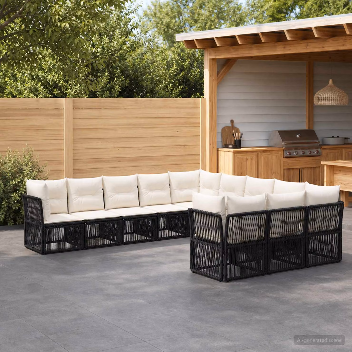 Set Divano da Giardino a Forma a U vidaXL in Polyrattan Nero con 11 Pezzi e Cuscini Inclusi