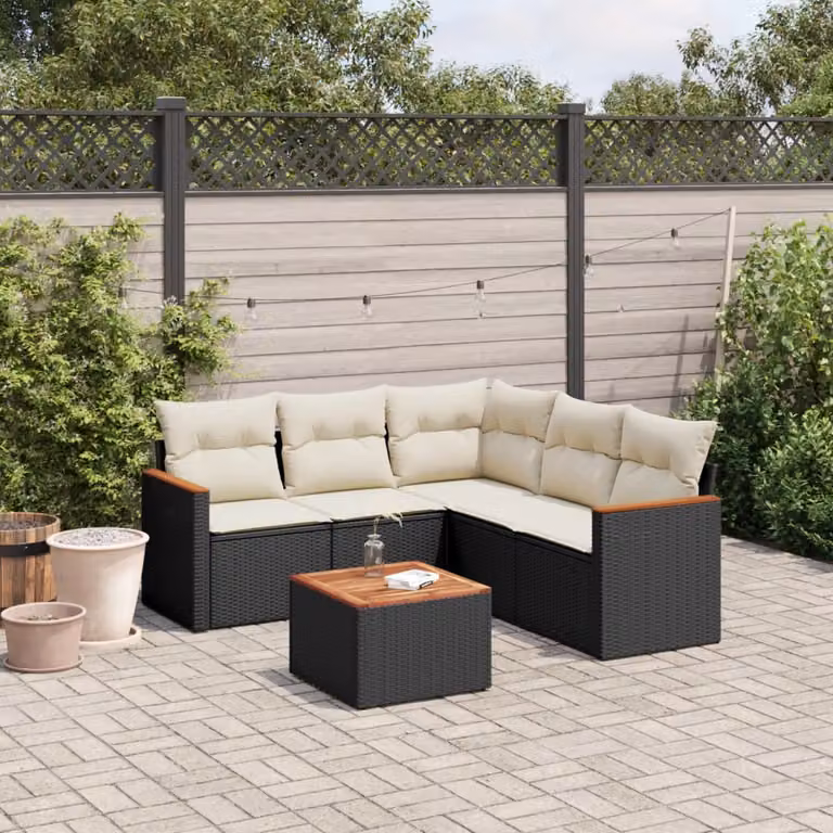 vidaXL Set Divano da Giardino 6 pz a L con Cuscini in Polyrattan e Legno di Acacia Nero e Bianco