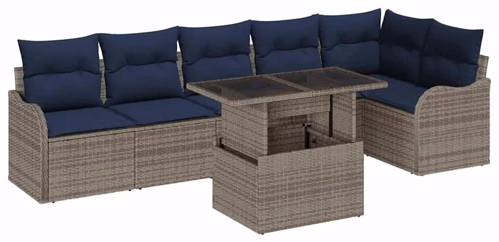 Set da giardino composto da 7 pezzi, colore grigio, realizzato in rattan sintetico