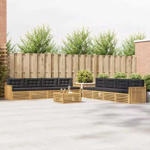 Set di mobili da giardino vidaXL composto da divano a 3 posti, poltrone e tavolino da caffè in legno di acacia con cuscini bianchi e antracite
