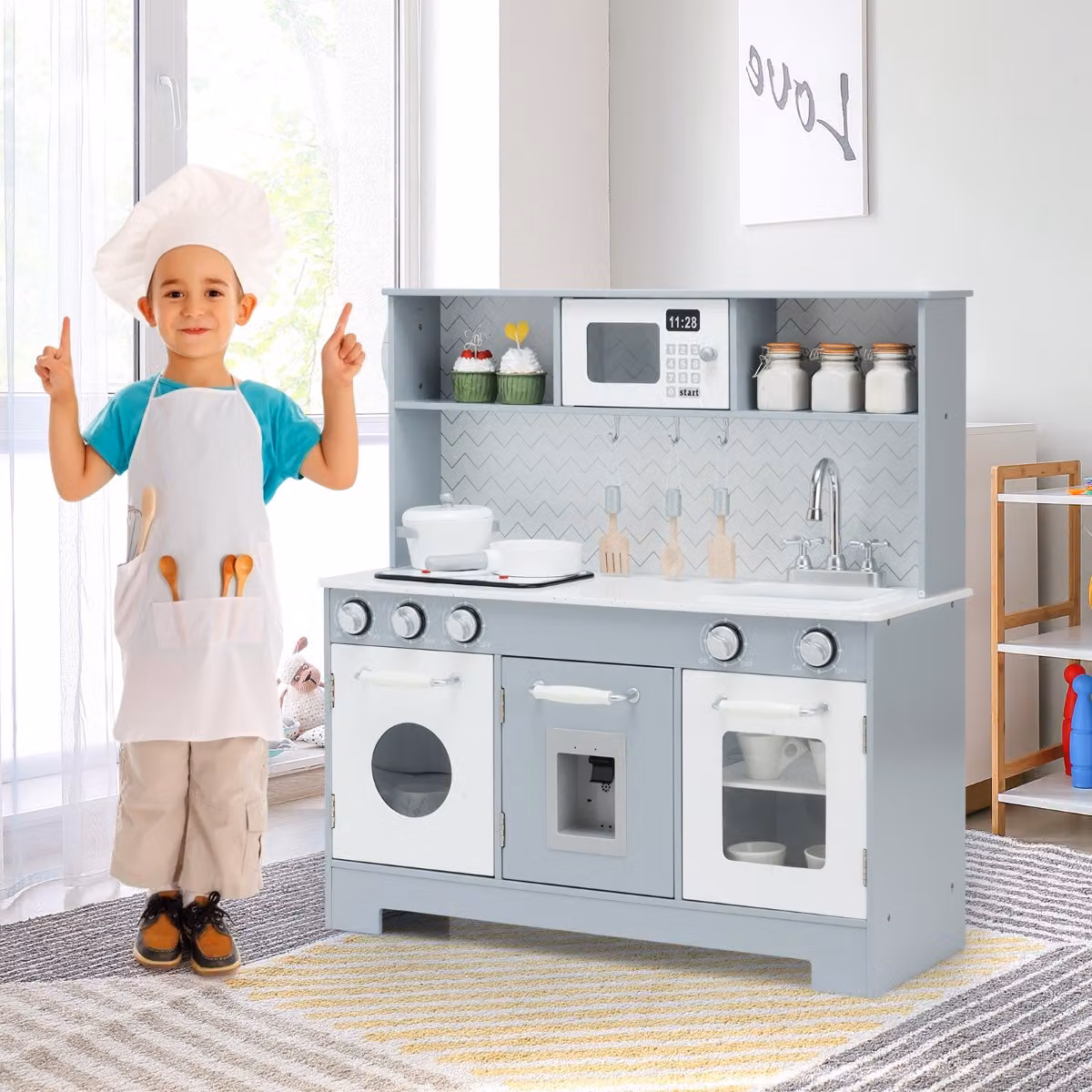Set cucina giocattolo in legno Costway per bambini con accessori e lavandino, Grigio e Bianco