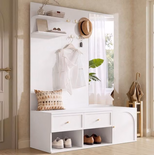 Set guardaroba da ingresso 6 in 1 con specchio; 5 ganci e 2 cassetti; 120 x 35 x 159 cm; bianco