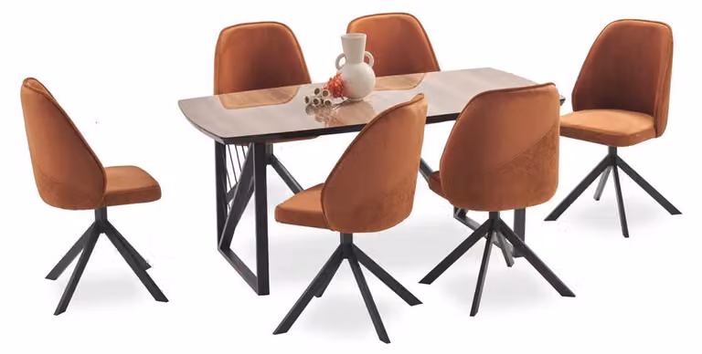 Stilvoll Esszimmer Set braun schwarz Holztischplatte gepolsterte Stühle