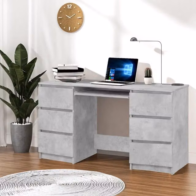 Scrivania da ufficio vidaXL in legno grigio con doppio mobiletto L: 140 cm, P: 50 cm, H: 77 cm – 1